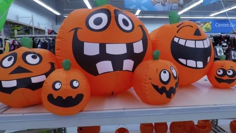 Colorful smiling inflatable Halloween pumpkins Stock Footage 80201965