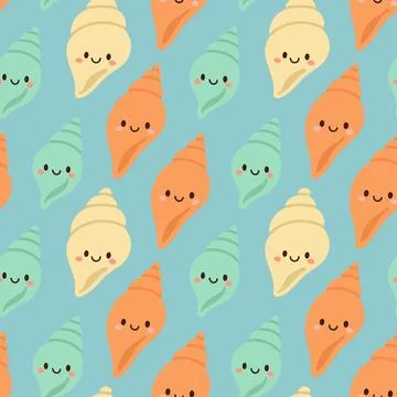 Colorful smiling sea shells in mint, orange, and yellow tones create a seamless Stock Illustration