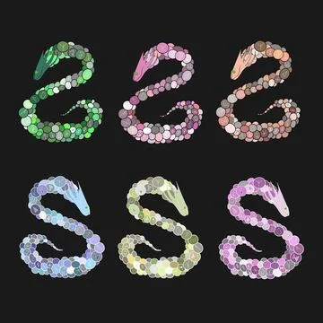 Colorful Snakes on Black Background, Vector Stock Illustration