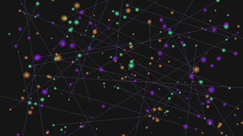 Colorful snowflake network of dots in a grid pattern on black background Stock Footage 300996760