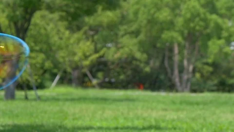 Colorful soap bubbles floating in green grass, slow motion Stock Footage 79387610