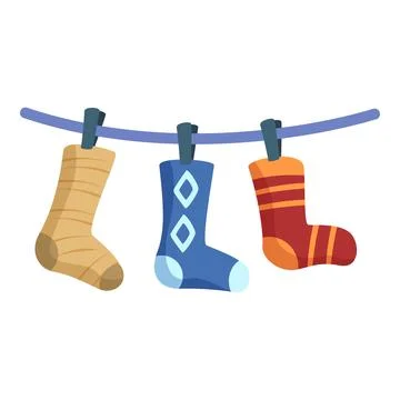 Colorful socks drying on clothesline after laundry day Stock Illustration