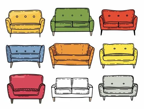 Colorful sofas set handdrawn style assorted colors furniture. Sofas collection Stock-Illustration
