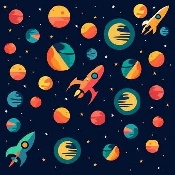 A colorful space background with a rocket ship and stars. Stock Illustration