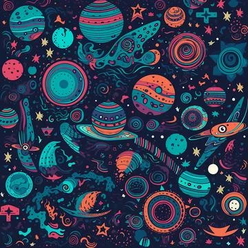 Colorful space elements in the blue and orange color scheme on dark background Stock Illustration