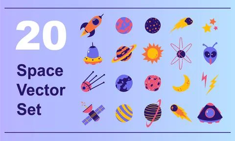 Colorful Space Flat Vector Set or Sticker Pack Stock Illustration