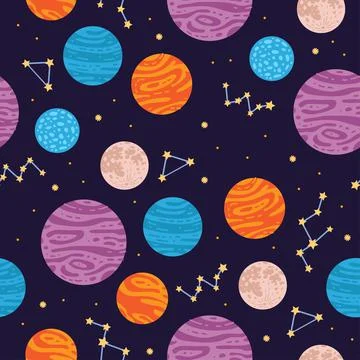 Colorful space planet seamless pattern in cartoon style. Vector illustration Stock Illustration