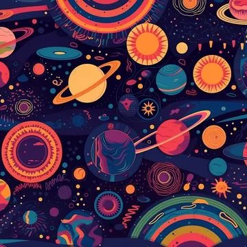 Colorful space seamless pattern background with sun, planets and stars Stock Illustration