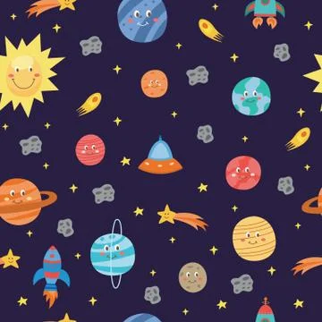 Colorful space seamless pattern with planets and rockets flat vector Stockillustratie