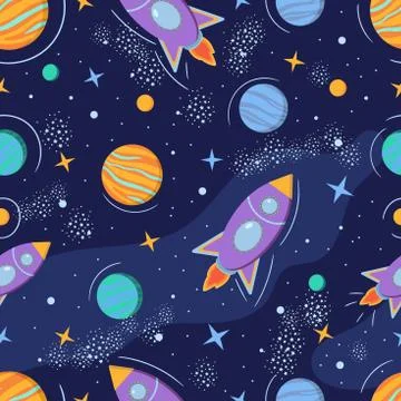 Colorful space seamless pattern with rockets, planets, stars and galaxy. Stock Illustration