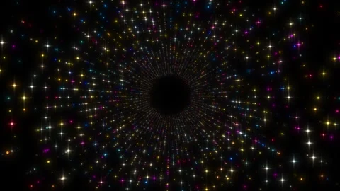 Colorful sparkle vortex loop with bright star glints, dark circular center, and Stock Footage 334126275