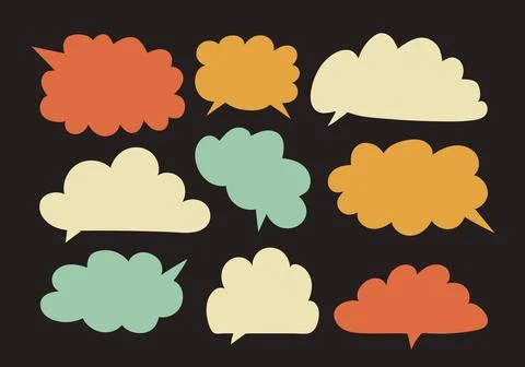 Colorful Speech bubbles in Hand drawn style and vintage 70s colors. Retro e.. Stock Illustration