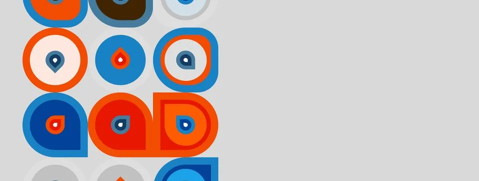 Colorful speech bubbles overlap gray background. Shapes include circles, drop Stock Illustration