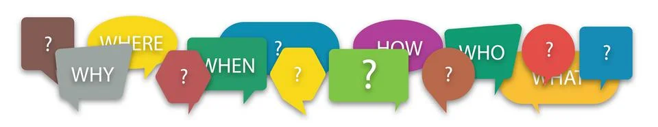 Colorful Speech bubbles with question marks. The question is who, what, how, Stock Illustration