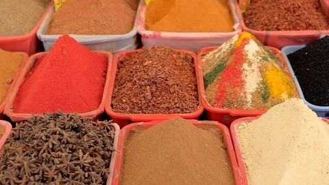 Colorful spice background with different color spices, macro. Various spices Stock Footage 112018559