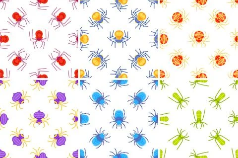 Colorful spider patterns repeating on white background Stock Illustration