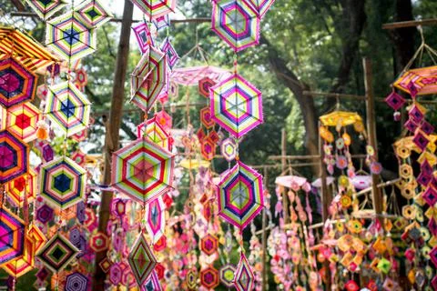 Colorful of Spider Web Rope Flag, Isaan ancient spider webs of the North East Stock Photos