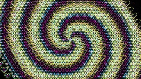 Colorful spiral pattern made of heart shapes on a dark background Illustrazione stock