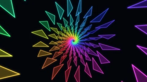 Colorful spiral pattern with neon triangles on black background Stock Footage 337926246