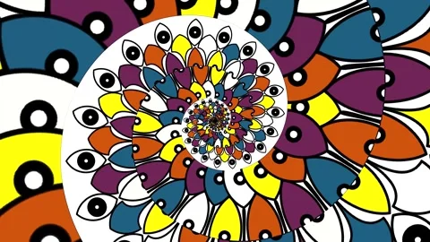 Colorful spiral pattern with shapes and eyes moving in a circular design 스톡 동영상 332707314