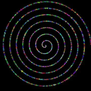 Colorful spiral text pattern on dark black background Stock Illustration