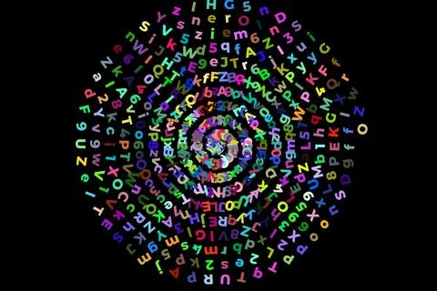 Colorful spiral typography text pattern on black background Stock Illustration