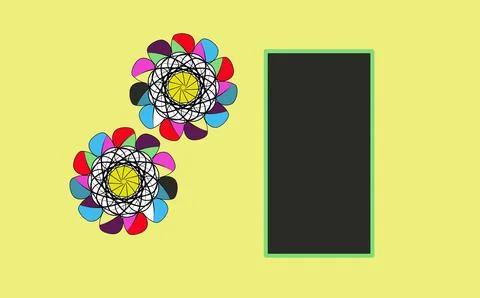 Colorful spirograph circles with black rectangle on yellow background Stock Illustration