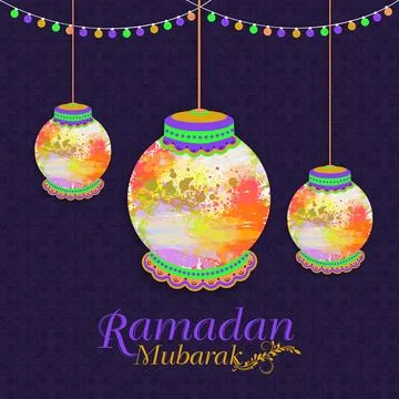 Colorful splash decorated creative hanging Arabic lanterns with lights on s.. Stock Illustration