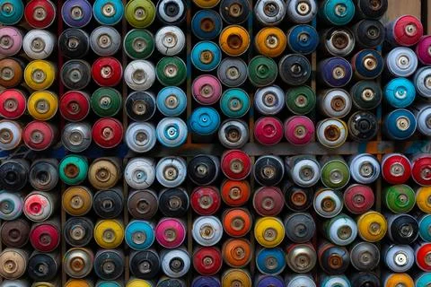 Colorful spray paint bottles pattern. Stock-Fotos