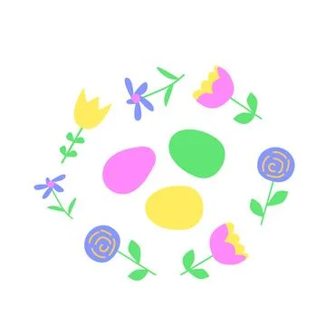 Colorful spring flowers and easter eggs in circular pattern Stock Illustration
