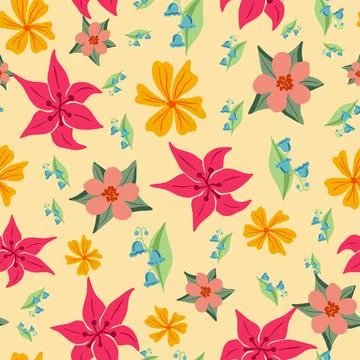 Colorful spring flowers vector repeat pattern on yellow Stock Illustration