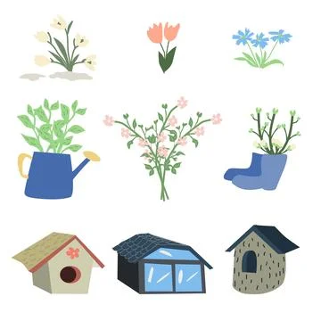 Colorful spring items set of flowers, birdhouse Stock Illustration