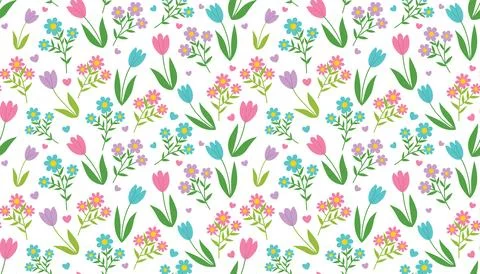 Colorful Spring seamless pattern with Tulips and other flowers. Spring wrap.. Stock Illustration