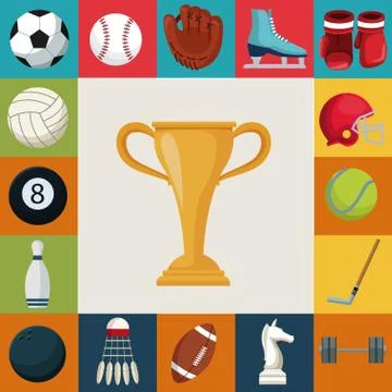 Colorful square background with set collection elements sport with cup trophy in 스톡 일러스트