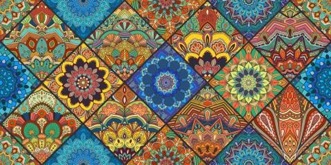 Colorful Square Boho Tiles Stock Illustration