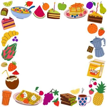 Colorful square frame of flat style breakfast food and snacks. Featuring ce.. Stock Illustration