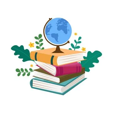 Colorful Stack of Books with Blue Globe for Learning and Education Stock Illustration