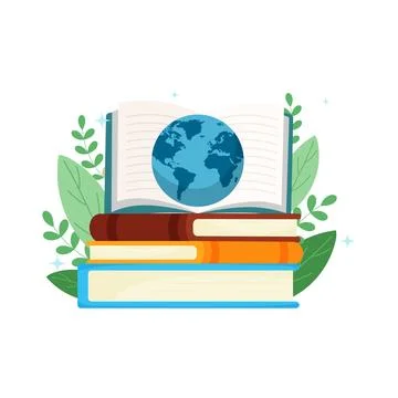 Colorful Stack of Books with Open Book and Blue Globe for World Book Day Stock Illustration