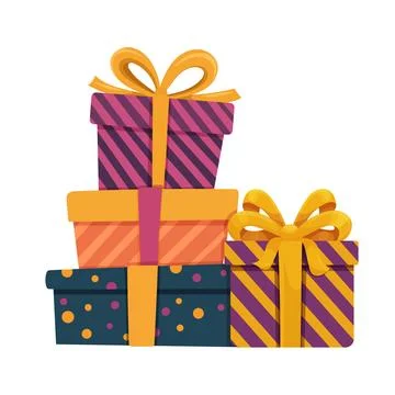 Colorful stack of festive gift boxes with bright ribbons and bows isolated .. Stock Illustration