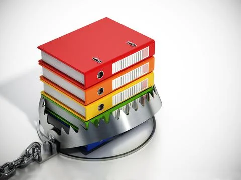 Colorful stack of folders inside bear trap. 3D illustration Stock Illustration