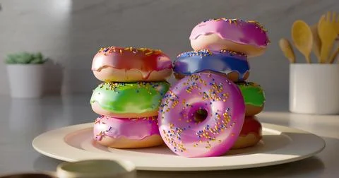 A colorful stack of glazed donuts with sprinkles, arranged on a plate, with.. Illustrazione stock