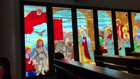 Colorful Stained Glass Windows Inside Church Hall Stock Footage 343588918