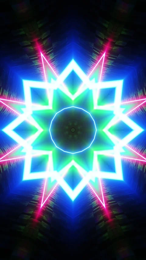 Colorful star pattern with black background and red center. Kaleidoscope VJ loop Stock Footage 314542576