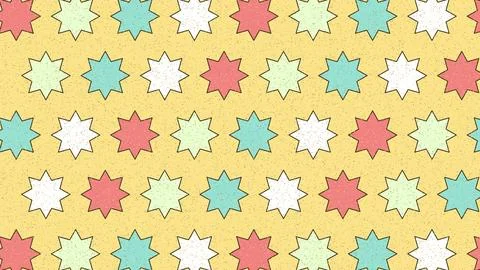 Colorful star patterns repeating geometric design on yellow textured backgrou Stock Illustration