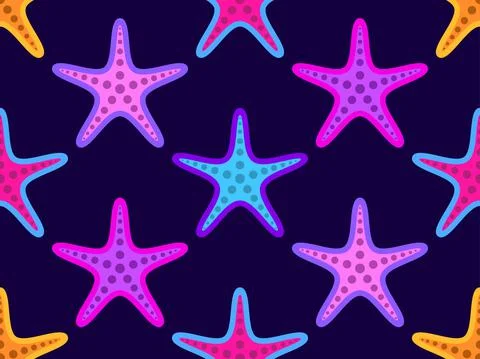 Colorful starfish seamless pattern violet background. Starfish silhouettes in Stock Illustration