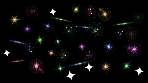 Colorful Starry Night Sky Elements With Glowing Light Flares and Sparkling .. Stock Illustration