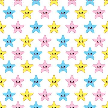 Colorful stars with faces seamless pattern. Kawaii style illustration Stock Illustration