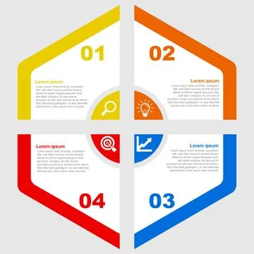A colorful step by step infographic showing four connected segments, labele.. Stock Illustration