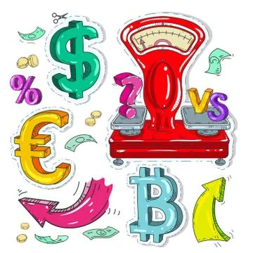 Colorful sticker scales, money signs and arrow Stock Illustration