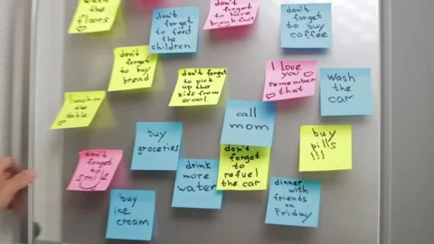 Colorful Sticky Notes Brighten Refrigerator Door as Person Adds and Removes.. Stock Footage 289400774